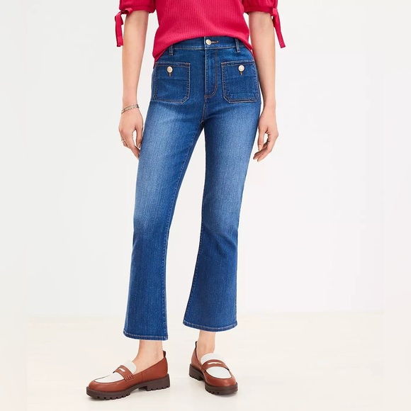 Loft Patch Pocket High Rise Kick Crop Jeans in Dark Wash Size 26 - Picture 2 of 8